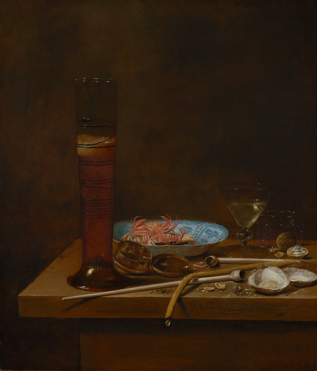 Stilleben med røykeredskaper og krabber, 1657 av Jan van de III Velde