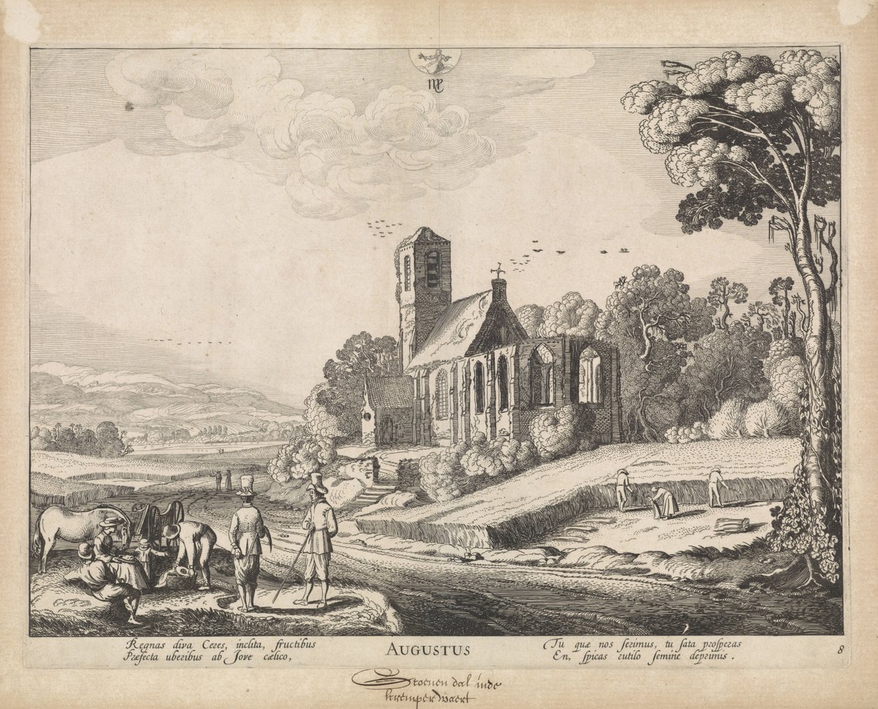 august august (tittel på objekt) De tolv månedene, med landsbyutsikt (serietittel) av Jan van de Velde (II)