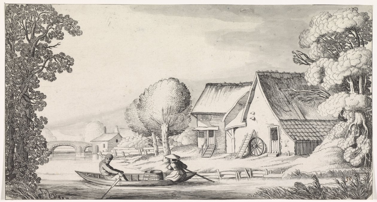 Bonde og bondekone i robåt Playsante-landskap og morsomme ansikter (serietittel) av Jan van de Velde (II)