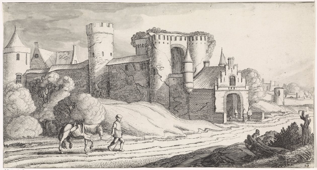 Bonde med hest på vei forbi et slott Playsante-landskap og morsomme ansikter (serietittel) av Jan van de Velde (II)