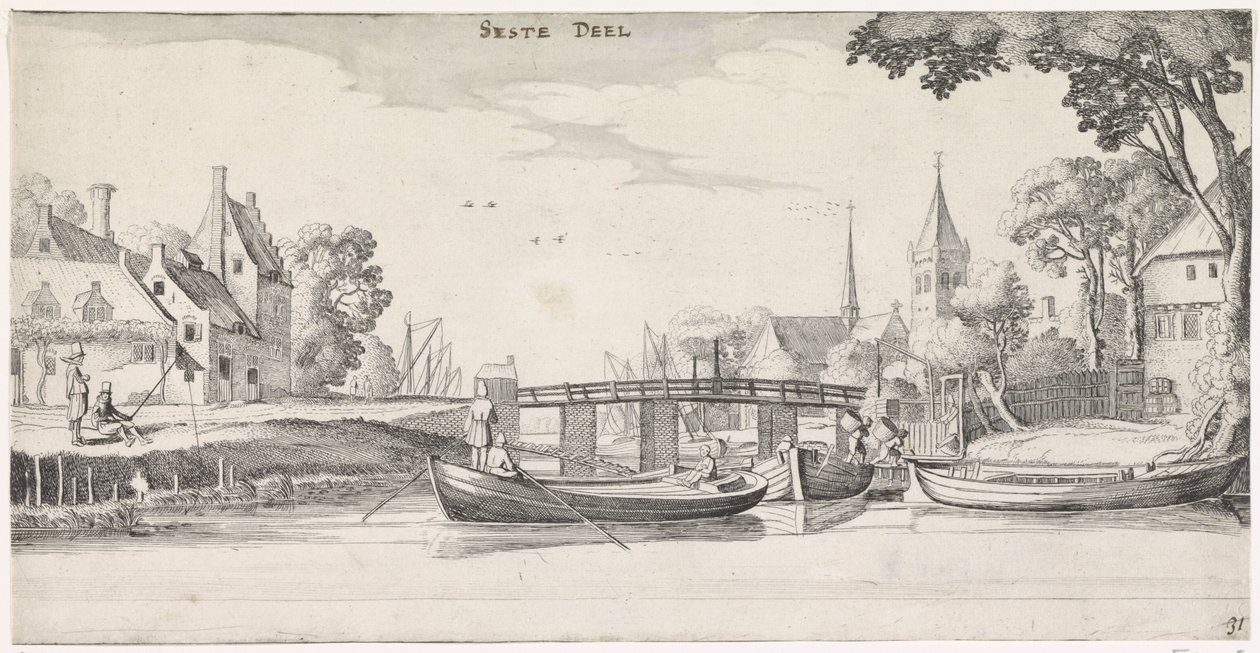 Båter ved en brygge i en landsby Playsante-landskap og morsomme ansikter (serietittel) av Jan van de Velde (II)