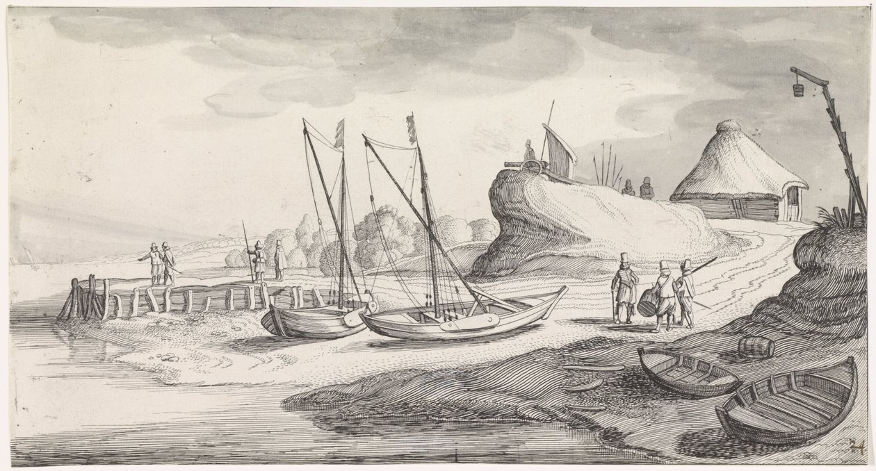 Båter på en elvebredd Playsante-landskap og underholdende ansikter (serietittel) av Jan van de Velde (II)