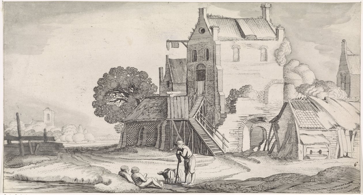 Tre samtalende skikkelser på et vertshus Hyggelige landskap og morsomme severdigheter (serietittel) av Jan van de Velde (II)