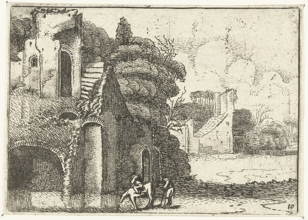 Drikkehest ved ruiner Små landskap (serietittel) av Jan van de Velde (II)