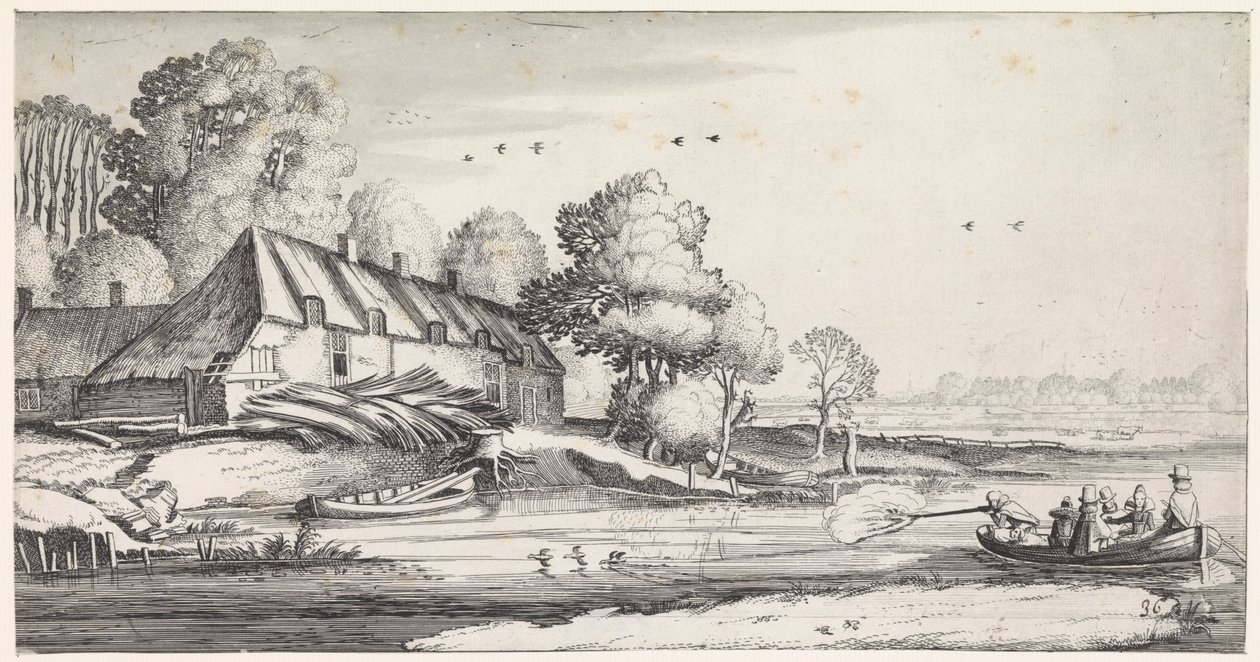 Andejakt på en elv nær en gård Playsante-landskap og morsomme ansikter (serietittel) av Jan van de Velde (II)