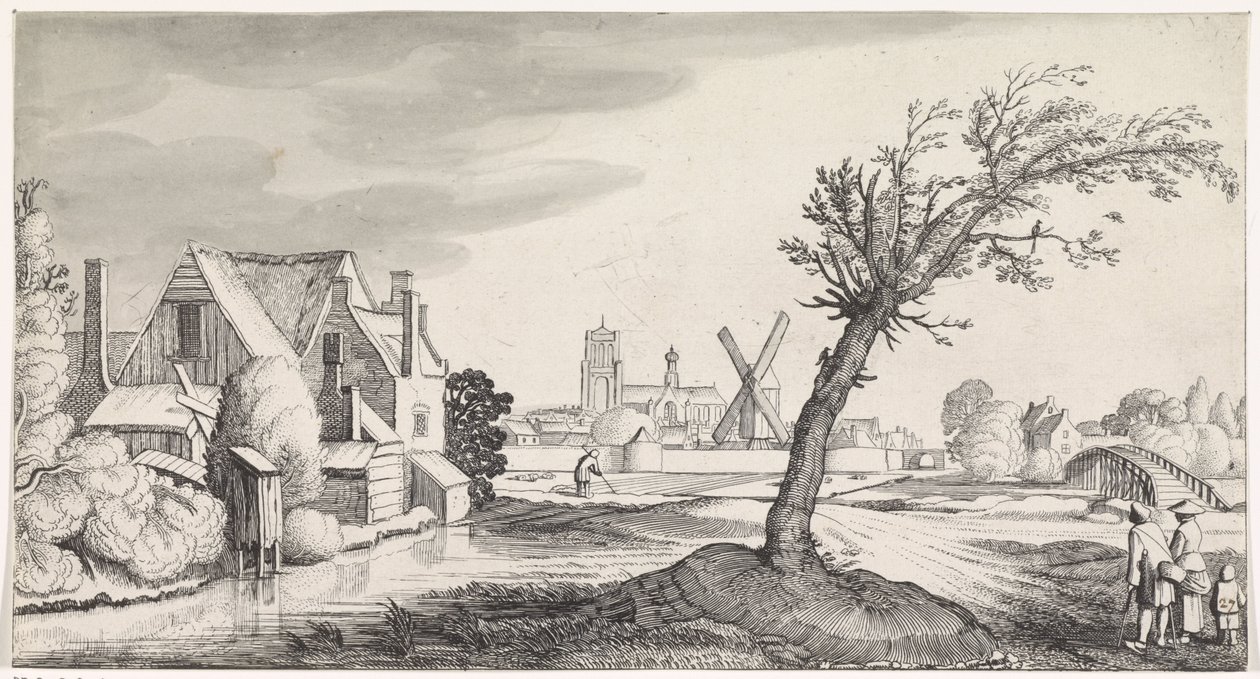 Familie i et hus med en by i bakgrunnen Playsante-landskap og morsomme ansikter (serietittel) av Jan van de Velde (II)