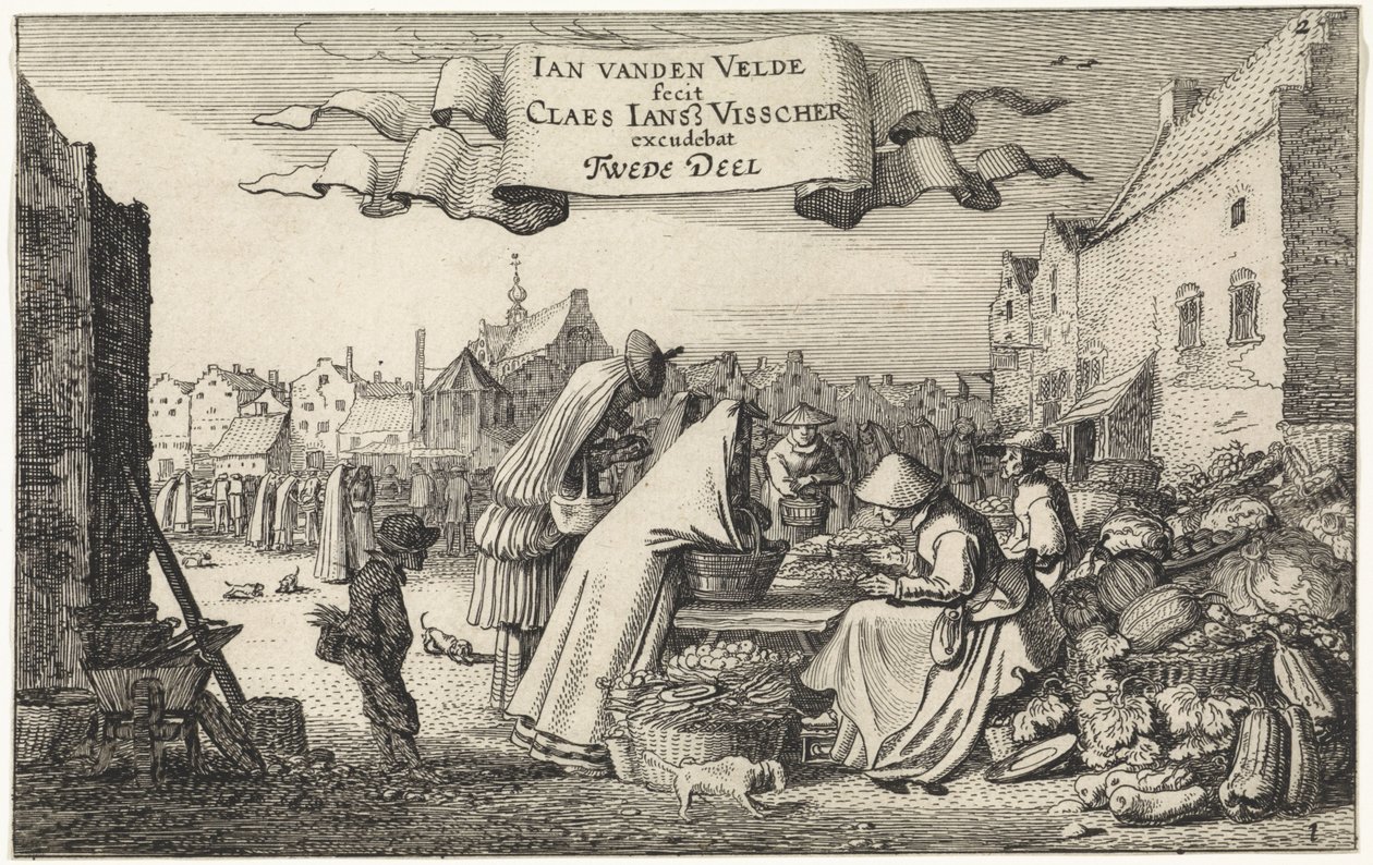 Figurer ved en grønnsaksbod på et marked Landskap (serietittel) Amenissimae aliquot requculae (serietittel) av Jan van de Velde (II)