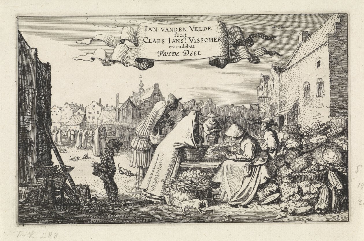 Figurer ved en grønnsaksbod på et marked Landskap (serietittel) Amenissimae aliquot requculae (serietittel) av Jan van de Velde (II)