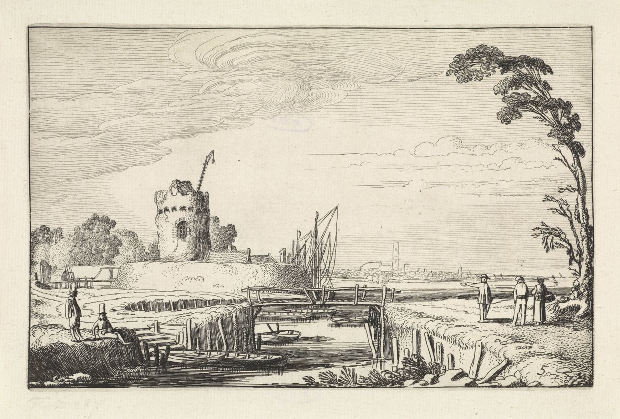 Figurer ved en havn og et tårn Landskap (serietittel) Amenissimae aliquot requculae (serietittel) av Jan van de Velde (II)
