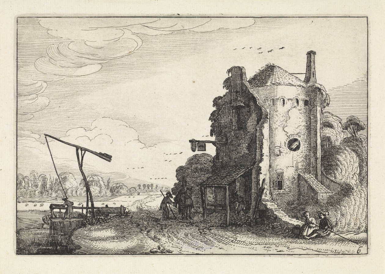 Figurer på et vertshus i et rundt tårn Landskap (serietittel) Amenissimae aliquot requculae (serietittel) av Jan van de Velde (II)