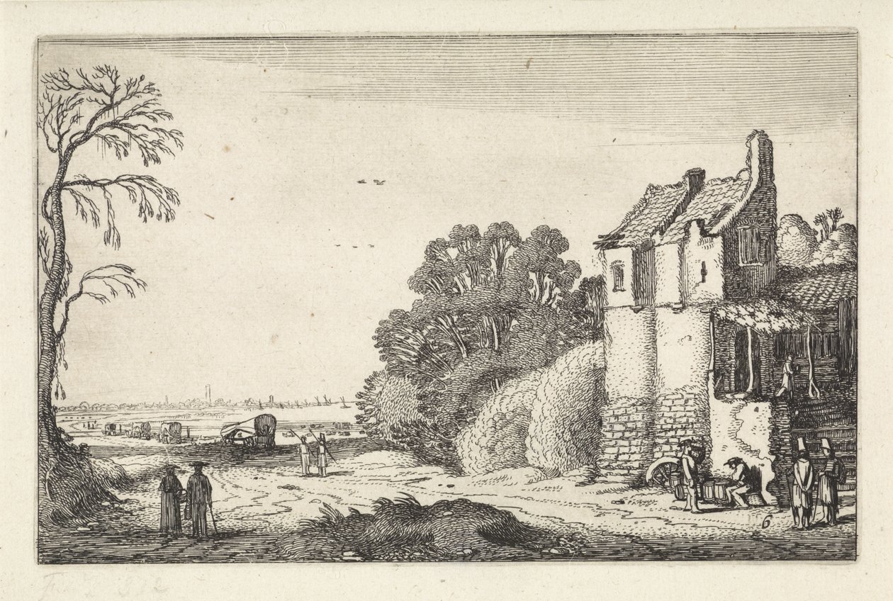Figurer ved et hus og overbygde vogner på en landevei Landskap (serietittel) Amenissimae aliquot requculae (serietittel) av Jan van de Velde (II)