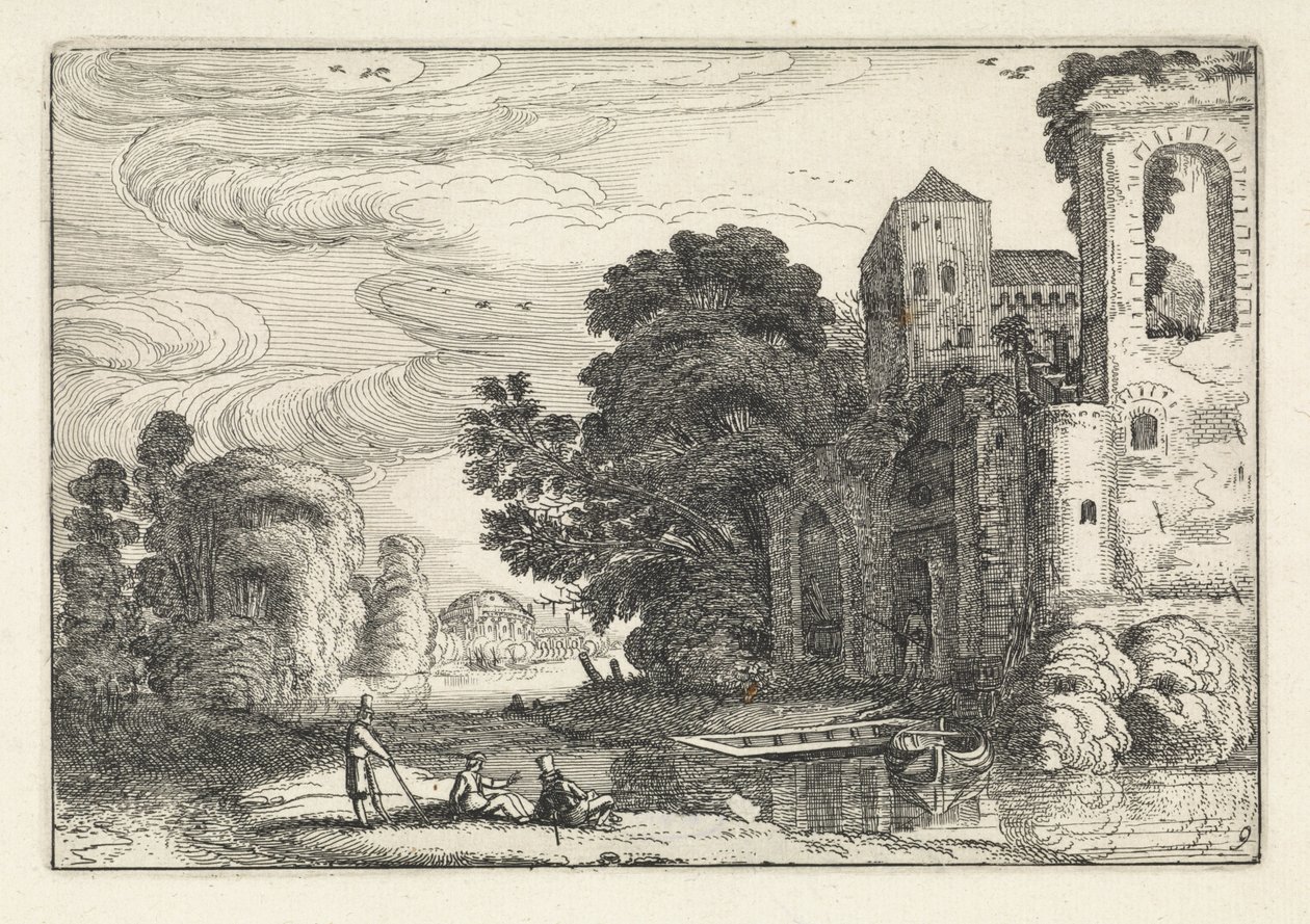 Figurer ved et slott ved en elv Landskap (serietittel) Amenissimae aliquot requculae (serietittel) av Jan van de Velde (II)