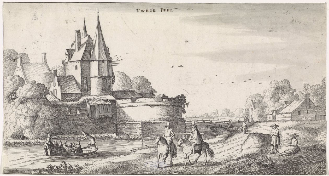 Figurer ved et slott i et elvelandskap Playsante-landskap og morsomme ansikter (serietittel) av Jan van de Velde (II)