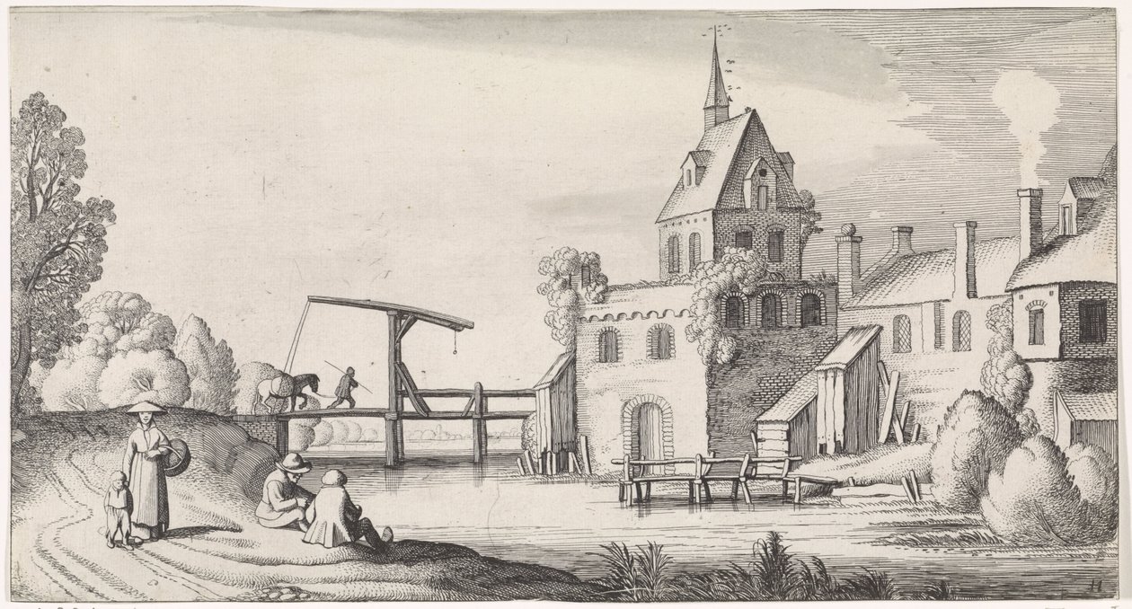 Figurer ved en vindebro for en landsby med kirketårn Playsante-landskap og underholdende severdigheter (serietittel) av Jan van de Velde (II)