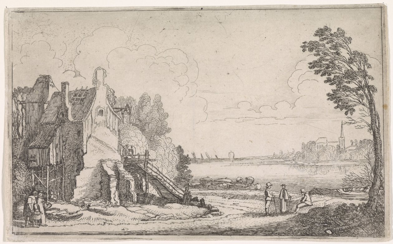 Figurer ved et falleferdig hus ved en elv Elvelandskap (serietittel) av Jan van de Velde (II)