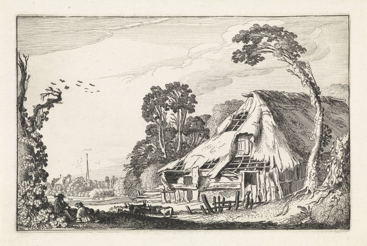 Figurer ved en falleferdig låve Landskap (serietittel) Amenissimae aliquot requculae (serietittel) av Jan van de Velde (II)