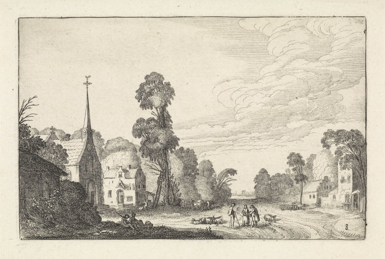 Figurer og storfe i en landsby med kirkelandskap (serietittel) Amenissimae aliquot requculae (serietittel) av Jan van de Velde (II)