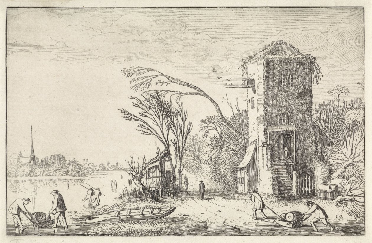 Figurer i et vinterlandskap med et tårn Landskap (serietittel) Amenissimae aliquot requculae (serietittel) av Jan van de Velde (II)