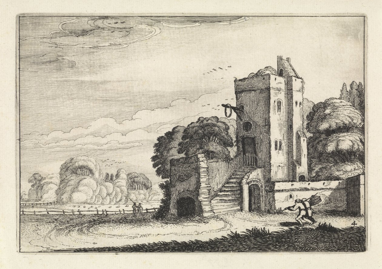 Figurer med en fuglekurv nær et tårn i et landskap Landskap (serietittel) Amenissimae aliquot requculae (serietittel) av Jan van de Velde (II)