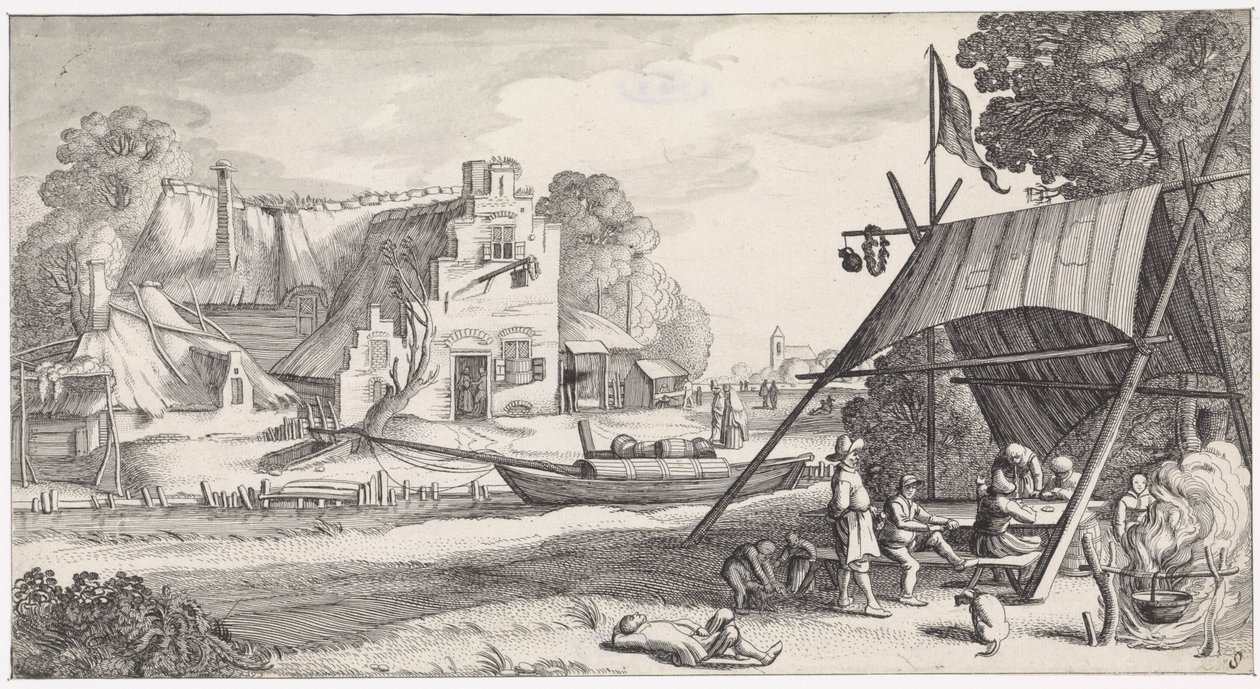Figurer under en teltduk på et vertshus Playsante-landskap og underholdende severdigheter (serietittel) av Jan van de Velde (II)