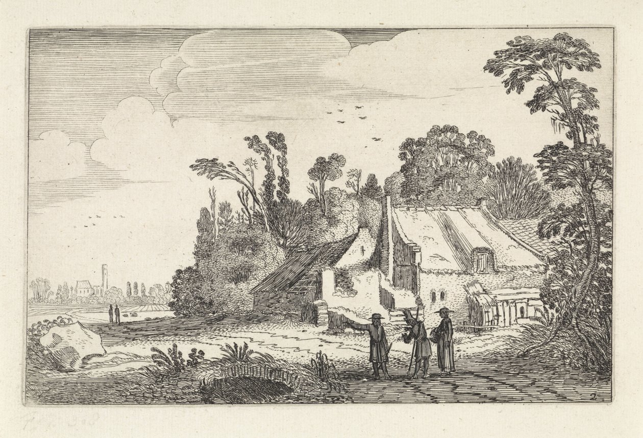 Figurer på en landevei ved en gård Landskap (serietittel) Amenissimae aliquot requculae (serietittel) av Jan van de Velde (II)