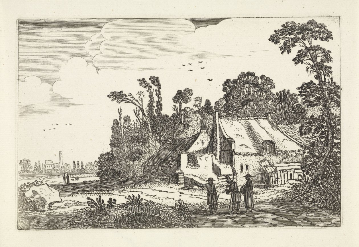 Figurer på en landevei ved en gård Landskap (serietittel) Amenissimae aliquot requculae (serietittel) av Jan van de Velde (II)