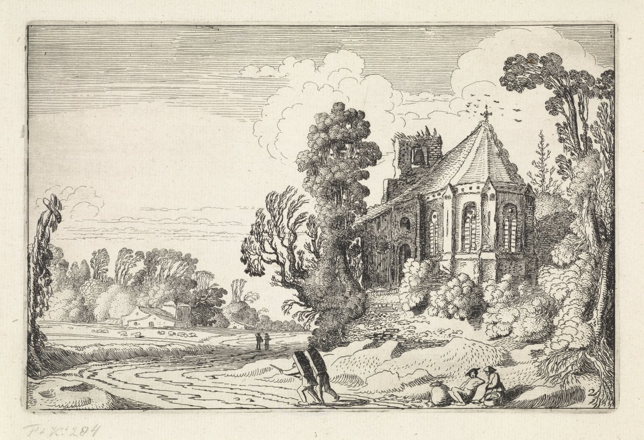 Figurer på en landevei nær en kirkeruin Landskap (serietittel) Amenissimae aliquot requculae (serietittel) av Jan van de Velde (II)