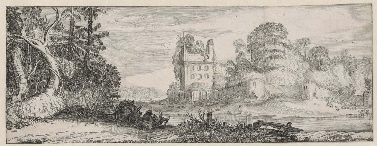 Utsikt over et ødelagt hus nær en vegg Landskap og ruiner (serietittel) Amoenissimae aliquot Regiunculae (serietittel) av Jan van de Velde (II)