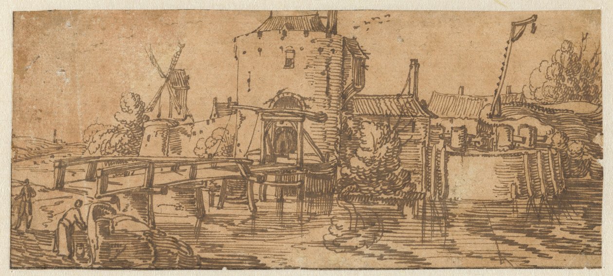 Utsikt over en by (Culemborg?) med en bro foran en port av Jan van de Velde (II)