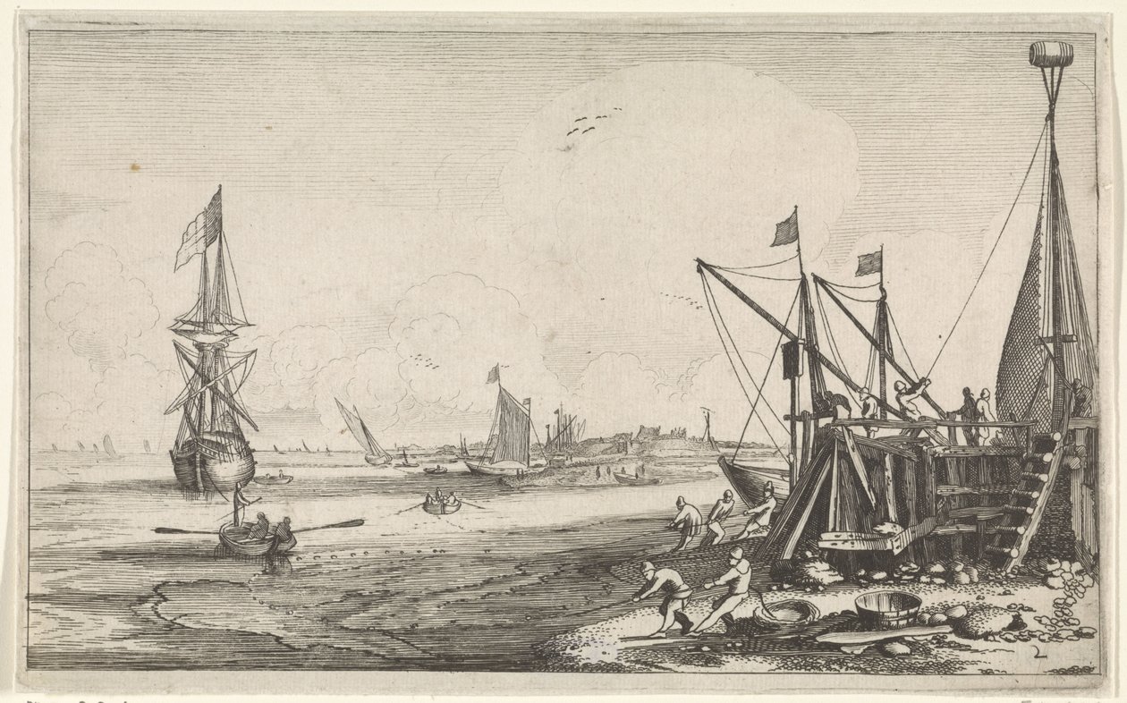 Havnehode med fiskere som drar inn garnene sine Seascapes (serietittel) av Jan van de Velde (II)