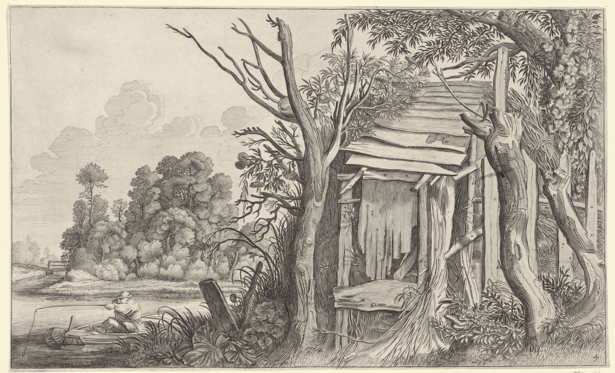 Fisker ved en falleferdig hytte i et landskap Landskap etter Pieter de Molijn (serietittel) av Jan van de Velde (II)