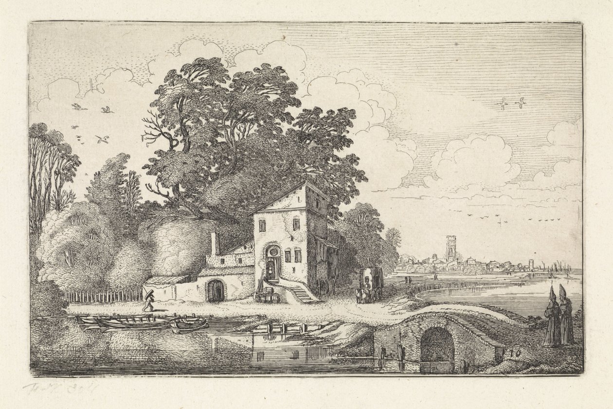 Hus ved en steinbro i et elvelandskap Landskap (serietittel) Amenissimae aliquot requculae (serietittel) av Jan van de Velde (II)