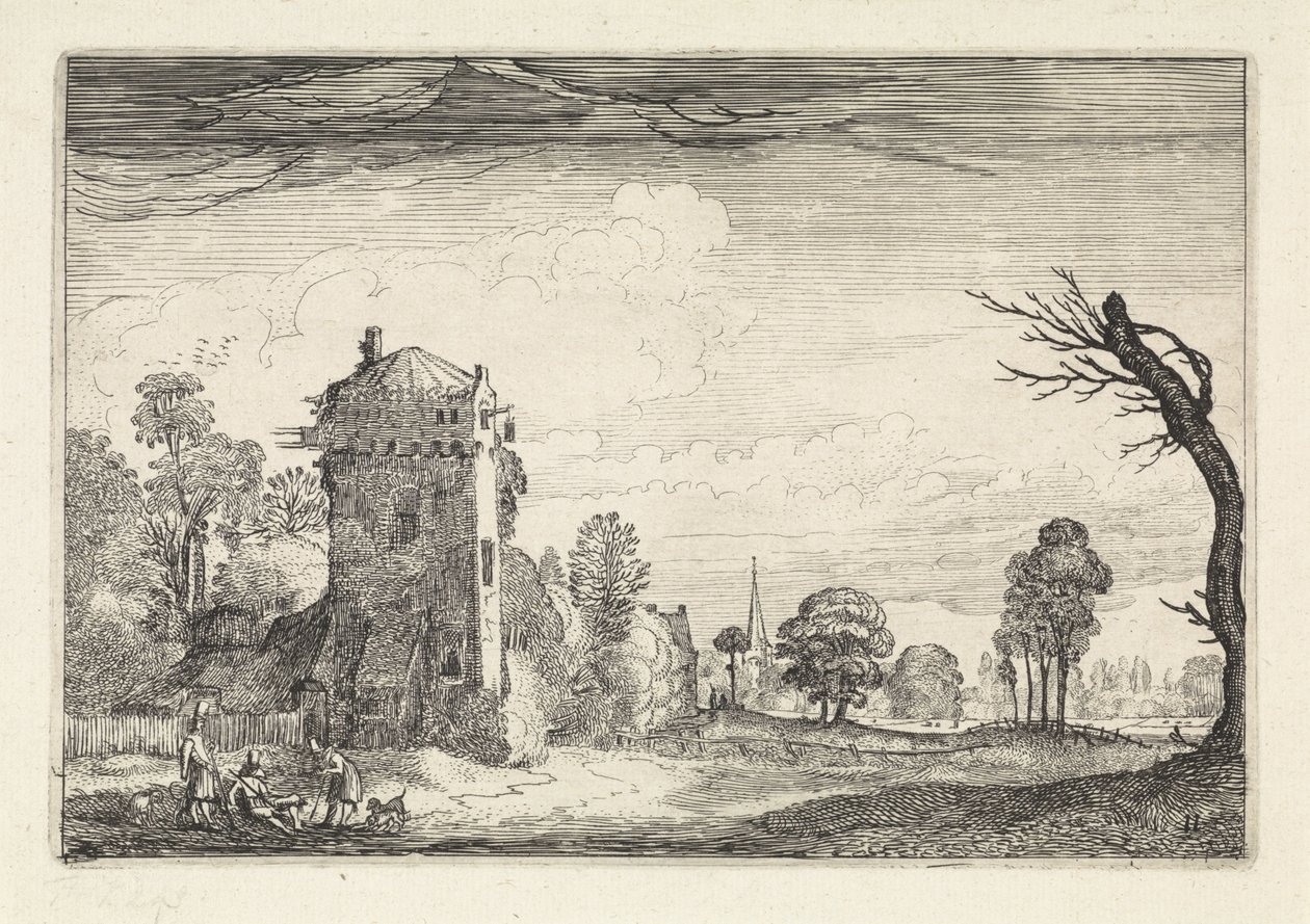 Jegere med hunder ved et tårn i et landskap Landskap (serietittel) Amenissimae aliquot requculae (serietittel) av Jan van de Velde (II)
