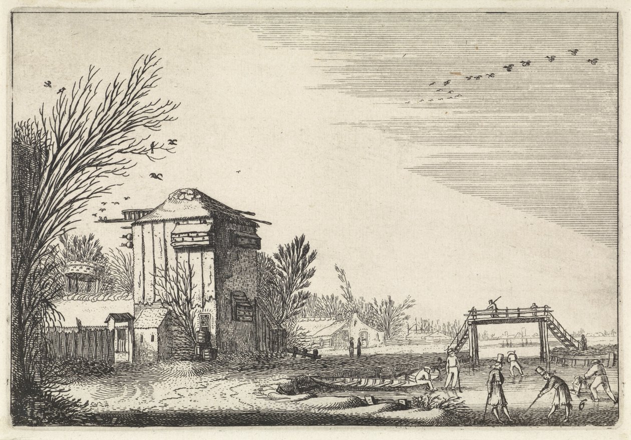 Flaske spillere på isen ved et dueslag Landskap (serietittel) Amenissimae aliquot requculae (serietittel) av Jan van de Velde (II)