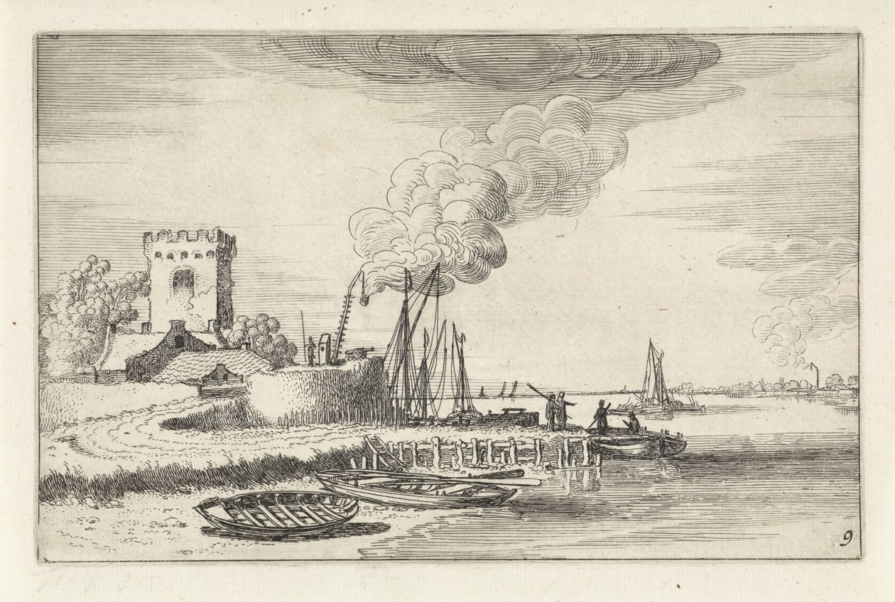 Landskap med fyr i en havn Landskap (serietittel) Amenissimae aliquot requculae (serietittel) av Jan van de Velde (II)