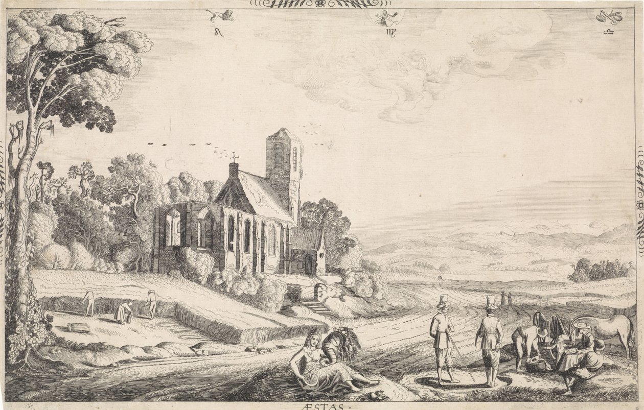 Landskap med kornhøst Aestas (tittel på objekt) av Jan van de Velde (II)