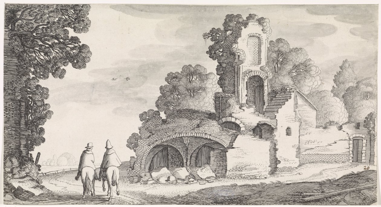 Landskap med ruin og to ryttere Playsante-landskap og morsomme ansikter (serietittel) av Jan van de Velde (II)