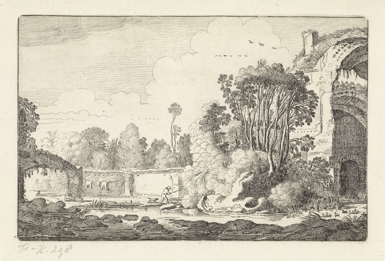 Man with a Dog at a Ruin Landscapes (serietittel) Amenissimae aliquot requculae (serietittel) av Jan van de Velde (II)