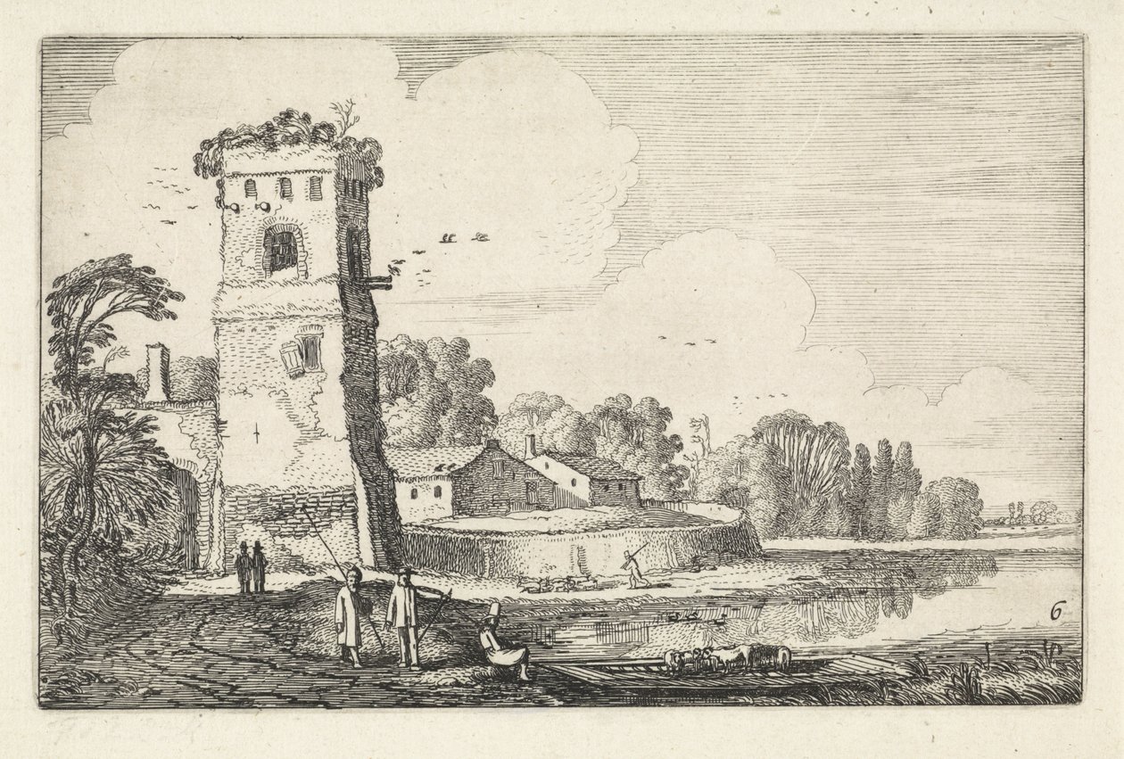 Pont med sauer nær et tårn i et elvelandskap Landskap (serietittel) Amenissimae aliquot requculae (serietittel) av Jan van de Velde (II)