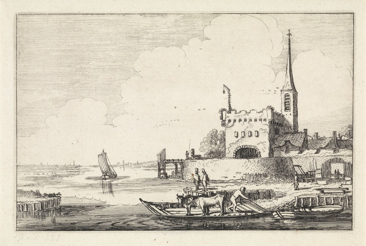 Pont med storfe ved et fort i et elvelandskap Landskap (serietittel) Amenissimae aliquot requculae (serietittel) av Jan van de Velde (II)