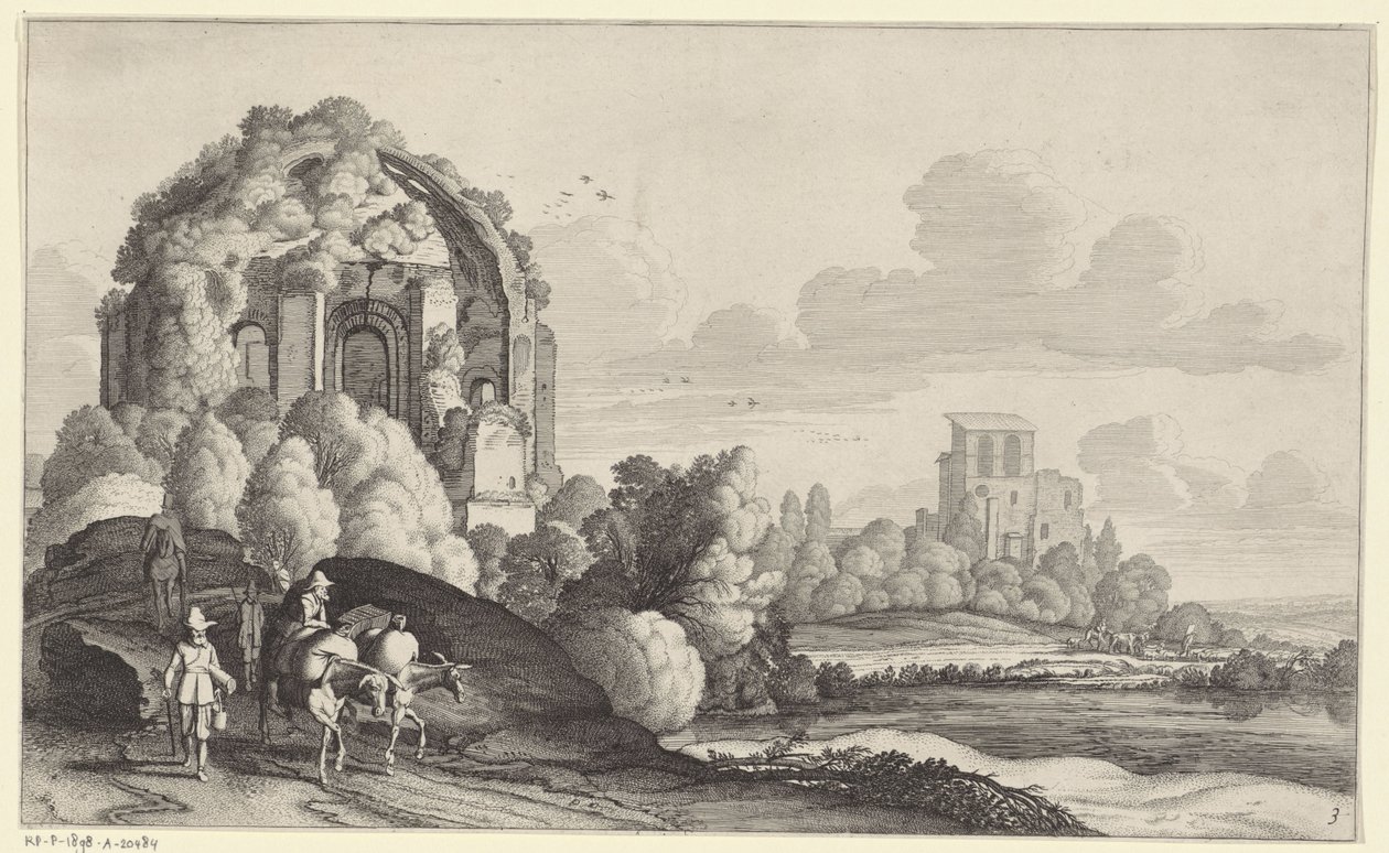 Reisende ved Temple of Minerva Medica i Roma Landskap etter Pieter de Molijn (serietittel) av Jan van de Velde (II)