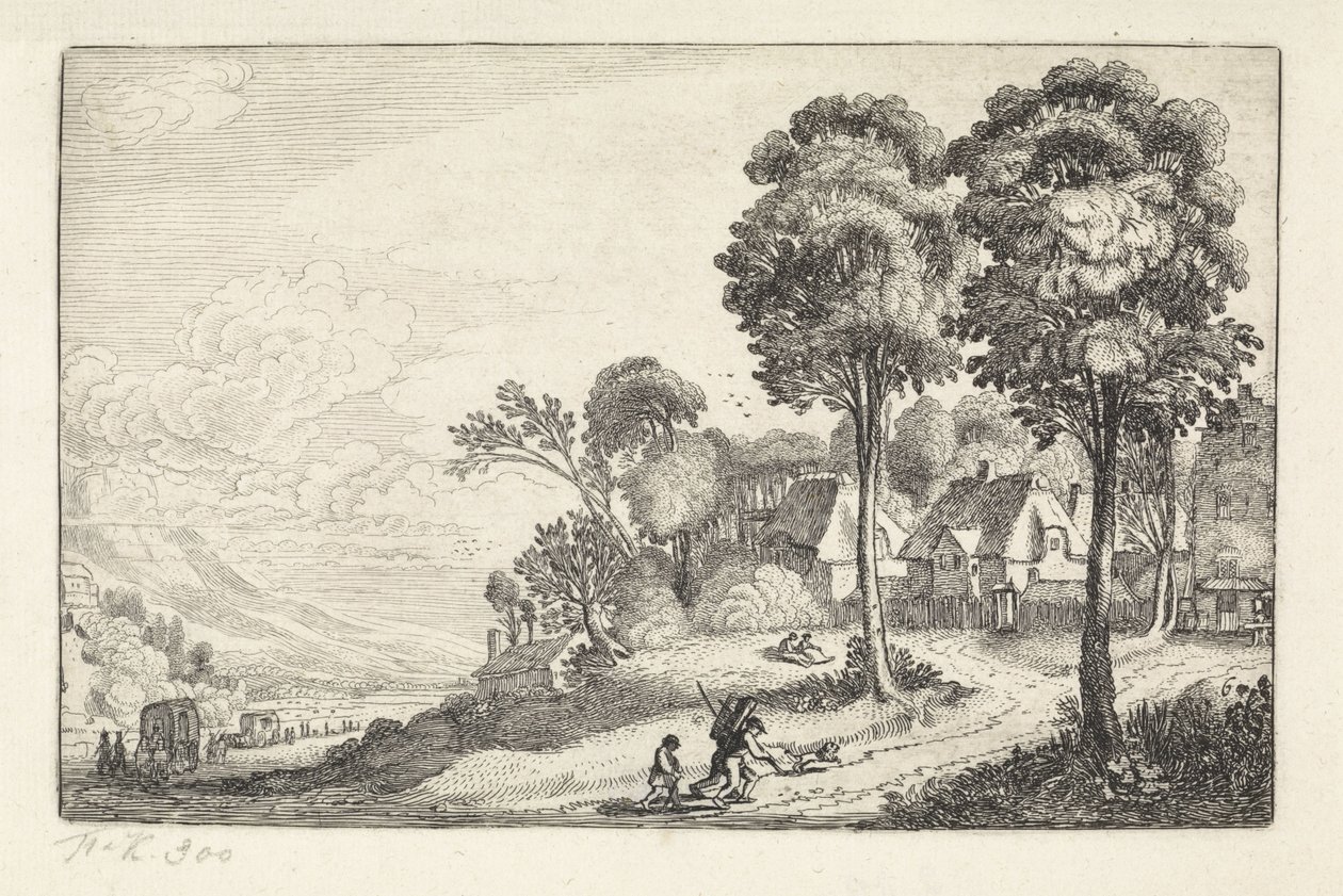 Reisende på en sti nær en landsby Landskap (serietittel) Amenissimae aliquot requculae (serietittel) av Jan van de Velde (II)