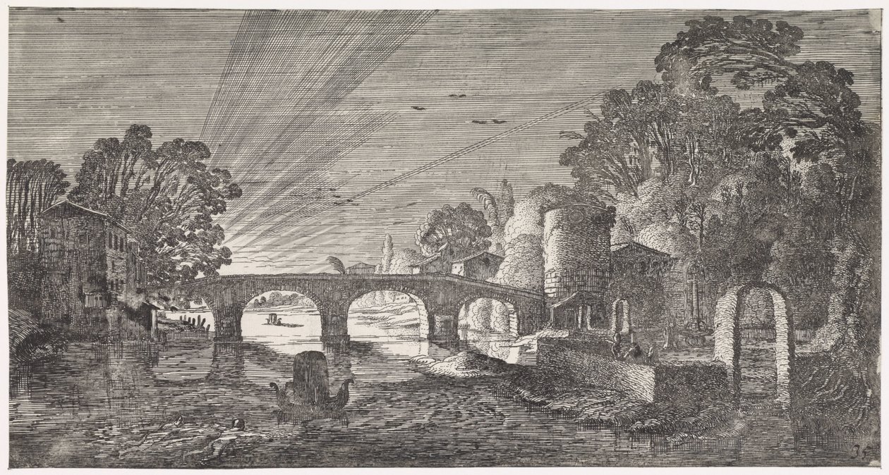 Utsikt over elven ved solnedgang Lekne landskap og underholdende dikt (serietittel) av Jan van de Velde (II)