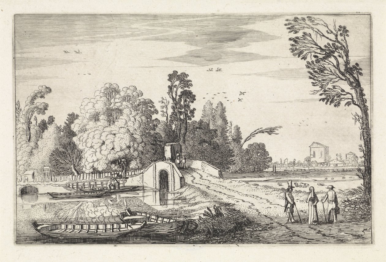 Elvelandskap med steinbro Landskap (serietittel) Amenissimae aliquot requculae (serietittel) av Jan van de Velde (II)