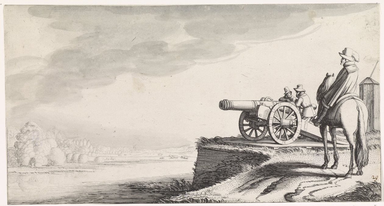 Rytter og to soldater ved en kanon på en elvebredd Playsante-landskap og morsomme ansikter (serietittel) av Jan van de Velde (II)