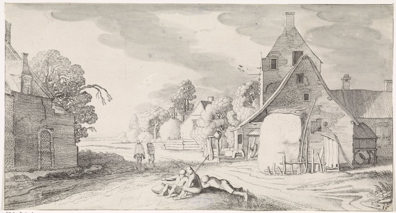 Bønder hviler langs en vei i en landsby Playsante-landskap og underholdende severdigheter (serietittel) av Jan van de Velde (II)