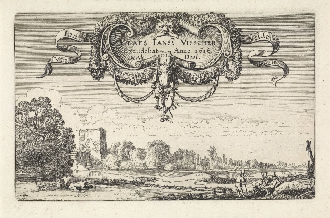 Hvilende figurer i et landskap med kyr og et tårn Landskap (serietittel) Amenissimae aliquot requculae (serietittel) av Jan van de Velde (II)