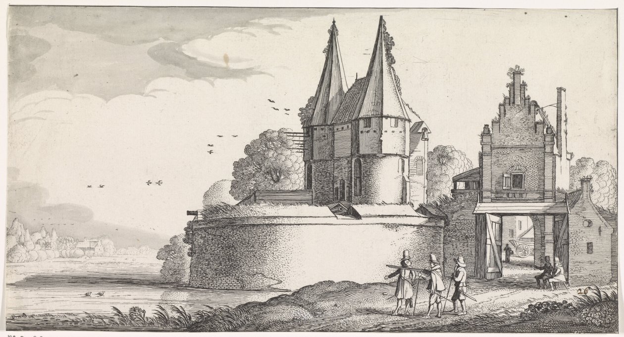 Soldater ved et fort og en byport ved en elv Playsante Landscapes og Vermakelycke Gesichten (serietittel) av Jan van de Velde (II)