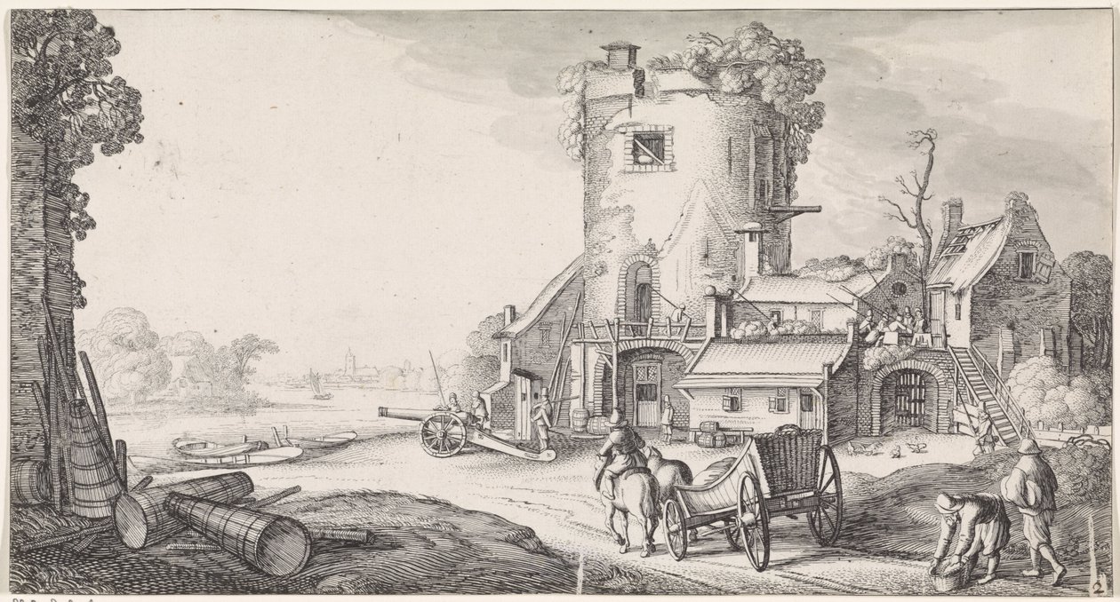 Soldater ved et tårn i et elvelandskap Playsante-landskap og morsomme ansikter (serietittel) av Jan van de Velde (II)