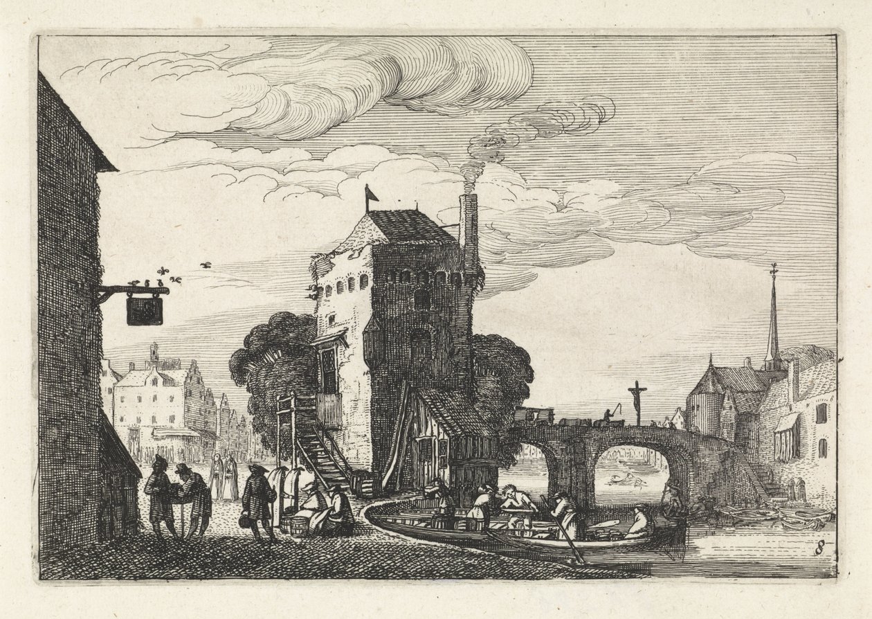 Bybilde med en bro over en elv Landskap (serietittel) Amenissimae aliquot requculae (serietittel) av Jan van de Velde (II)